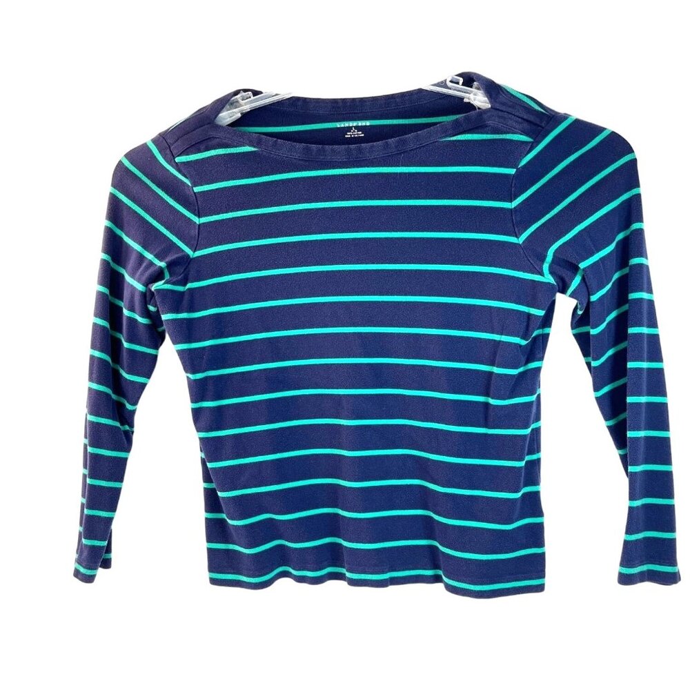 Lands End  Large Navy/Green Cotton Striped Long Sleeve Shirt 16c